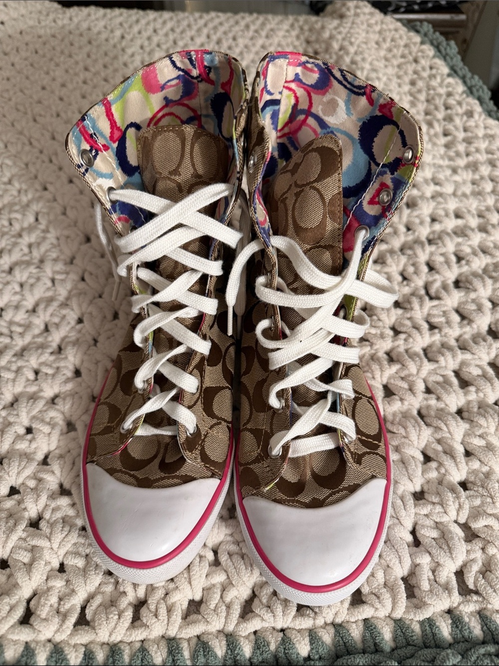 Coach Kids High-Top Sneakers in Brown Signature Canvas with Pink Trim